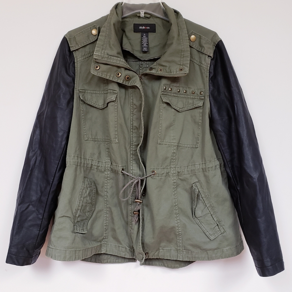 Style & Co. Faux Leather Sleeve Utility Jacket